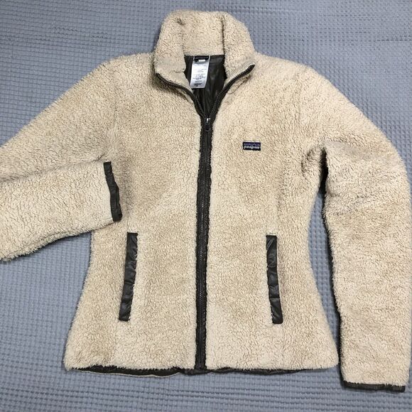 Patagonia Fuzzy Jacket Women M Polar Fleece Zip Up Ivory Sherpa Pocket Neutral - Picture 4 of 15